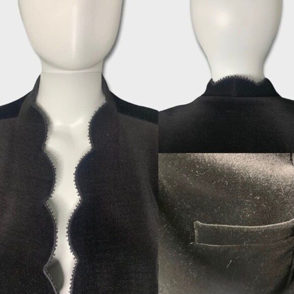Vintage Accent Blazer Women's Large Scalloped Edge Black Velvet Hipster Jacket - Picture 4 of 9